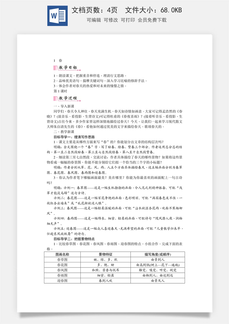 初中七年级上册语文教案1  春 教案.doc